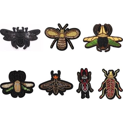 Spider Bee Insects Sequins Bead Tube Sew On Patch DIY Embroidered Applique Bling Critters for Decoration Clothing Accessory