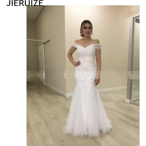 JIERUIZE New Shiny Mermaid Wedding Dresses Off Shoulder Appliques Sequins Zipper Back Summer Wedding Gowns robe de mariee
