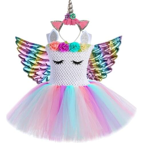 Pastel Unicorn Dress for Girls Flower Princess TuTu Dresses Kids Halloween Costume Child Cosplay Fancy Dress with Wings 1-14Y