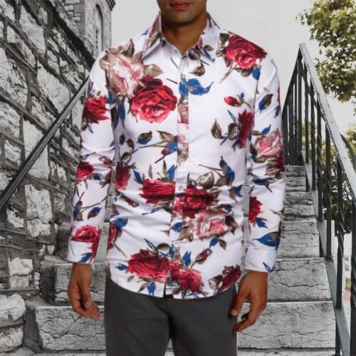 Summer Fashion Vintage Floral Printed Slim Men Shirt Autumn Casual Long Sleeve Beach Shirts Mens Buttoned Lapel Tops Streetwear