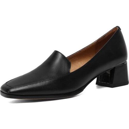 Salu Fashion New Brand Genuine Leather Pointed Toe High Heels Women Pumps Square Heel Shoes Wedding Shoes Woman Girls Shoes