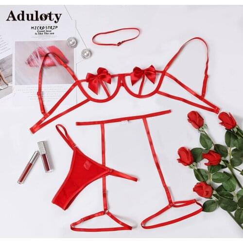 Aduloty Sexy Neck Ring Bow Hot Girl Hollowed Out Transparent Perspective Garter Thong Three Piece Set Erotic Lingerie Underwear
