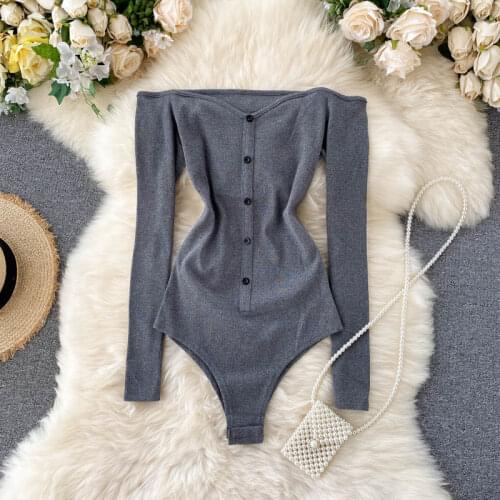 Sexy Slash Neck Retro Single Breasted Long Sleeve Knitted Bodysuit