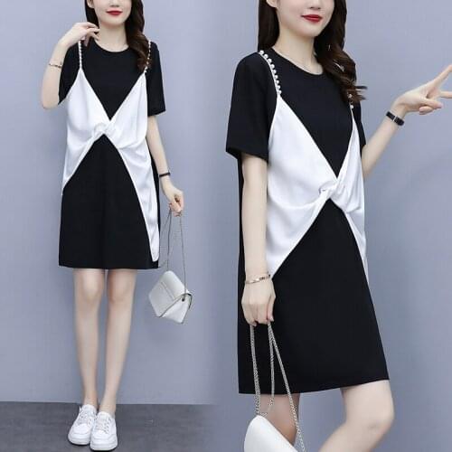 Korean Temperament Fake Two Loose Stitched Pearl Dresses Fashion Midi Dress Summer Style Dress Female Vestidos De Festa