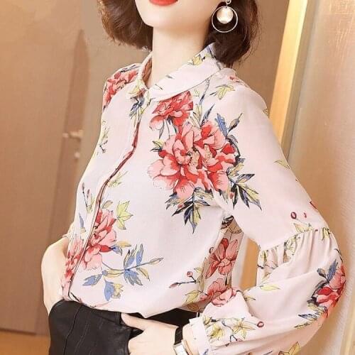 Spring Fall Fashion Women Office Ladies Floral Pattern Lantern Long Sleeve Cardigan Blouse , Female Woman Printed Flower Blouses