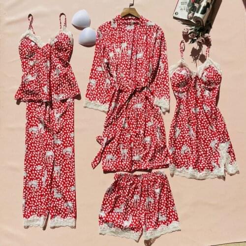 Spring Print Pajamas Sets Satin Lace Womens Sleepwear Sleep Suit Pyjamas Casual Home Wear Chest Pads PJS Nighty Nightwear