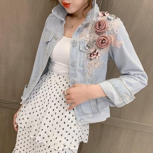 Women Streetwear Long Sleeve pocket Slim Denim Jacket Autumn Fashion Removable embroidered flowers Jean Coat BF Outerwear