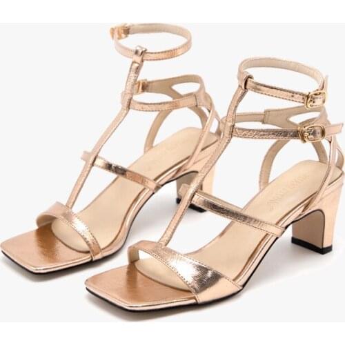 Women Sandals Women Thick High Heels Sandals Summer Shoes women sandals PU Buckle Strap 6CM Square Toe Shallow women shoes