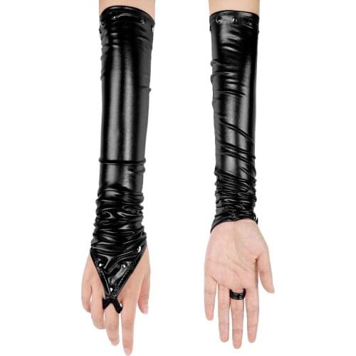 Women Ladies Metallic Fingerless Gloves Sexy Rivets Wetlook Leather Long Glove Night Club Dance Wear Party Mitt Cosplay Costume