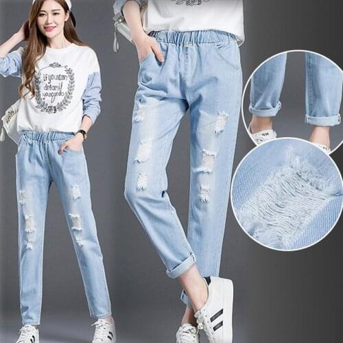 Plus Size Blue Ripped Distressed Boyfriend Ankle Jeans Women Casual Spring Summer Elasticated Waist Denim Harem Pants Trousers