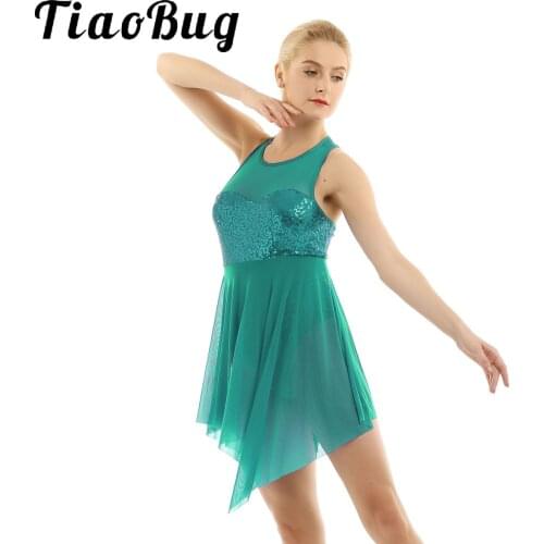 TiaoBug Women Sequins Mesh Ballet Dance Dress Ballet Leotard Adult Ballerina Gymnastics Leotard Lyrical Dance Sleeveless Dresses