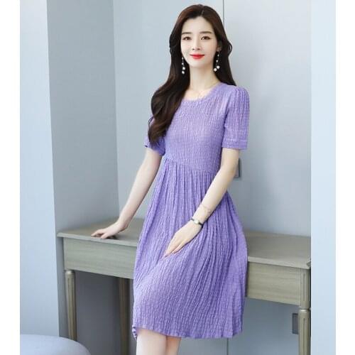 2021 French style summer O Neck Solid color Dress Short sleeve purple Dress Female