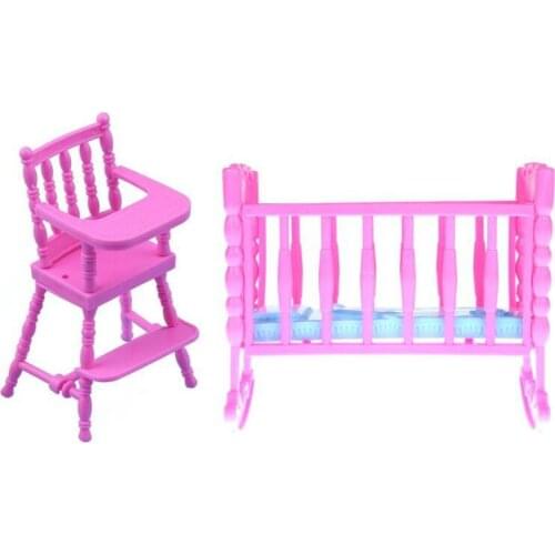Cute Plastic 1PC Mini Doll High Chair with 1pc Doll Rocking Cradle Bed Doll House Furniture Accessories for Barbie Dollhouse Toy