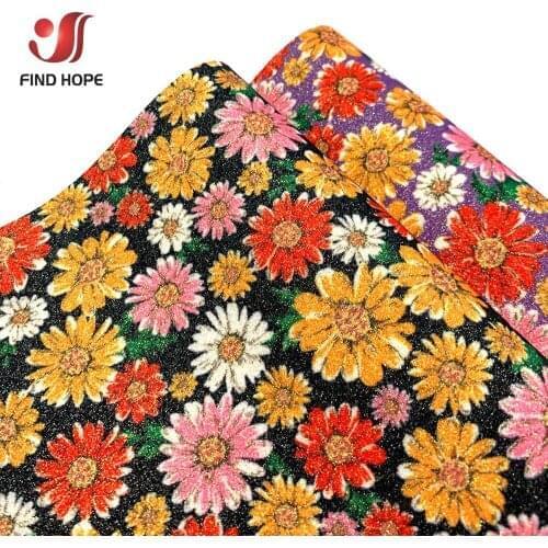 20*120CM Daisy Floral Printed Fine Glitter Sparkle Leatherette Sewing Fabric DIY Handmade Craft Brooch Bows Earring Decor Roll