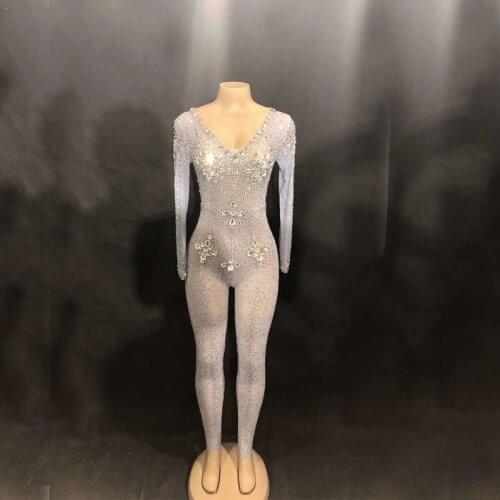 2021 Fashion Bodysuit Stretch Crystals Jumpsuit Sexy Rhinestones Leggings One Piece Women Nightclub Jazz Dance Stage Costume