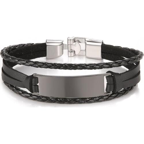 2021 Charm Jewelry Stainless Steel Smooth Weave Leather Bracelet Vintage Titanium Steel Multi Layer Cuff Bracelet Men Pulseras