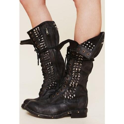 2021 Punk Style Studded Seattle Western Cowboy Love Boot Black Real Leather Combat Boots Motorcycle Knee High Riding Boots Women