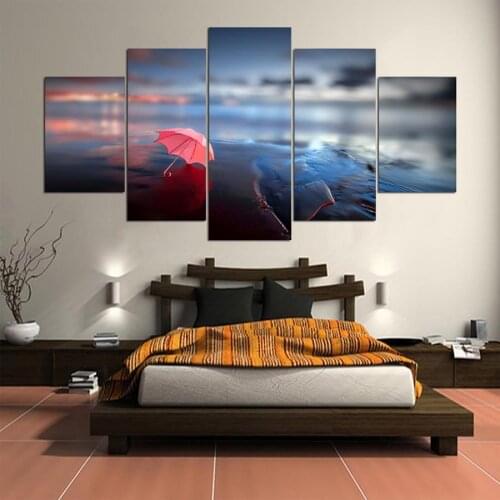 5 Panels Printed Painting Red Umbrella In The Rain Canvas Home Decor Wall Art Picture for Living Room Decor