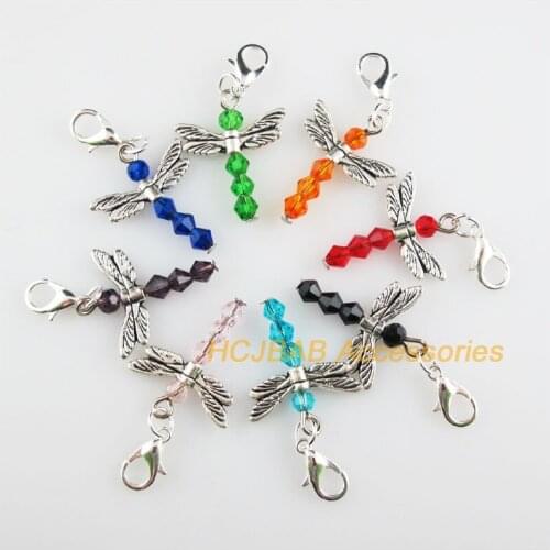 8Pcs Tibetan Silver Tone Retro Mixed Animal Dragonfly Crystal 20x25mm Angel With Lobster Claw Clasps Charms