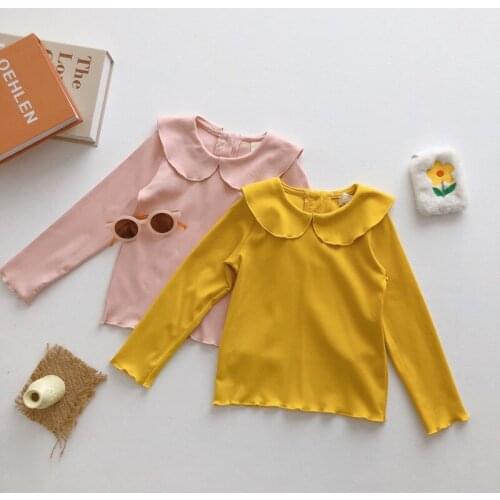 DFXD New Korean Spring Baby Girls Long-sleeve Peter Pan Collar Solid Bottoming Shirt Cotton Childrens Outfits Girls T-shirt