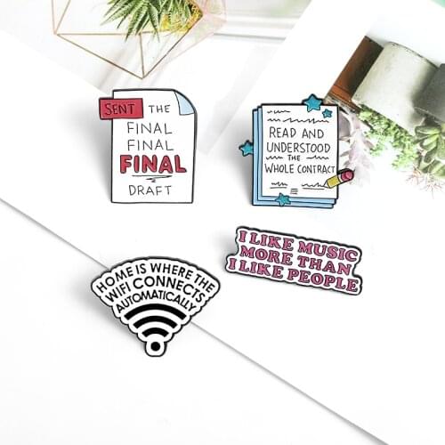 Quote Enamel Pins Music WIFI Read Computer File Funny Letters Lapel Pin Cartoon Brooches Hat Bag Jeans Accessories Wholesale