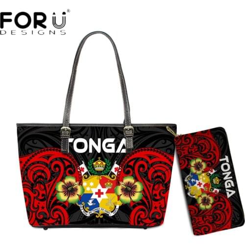 FORUDESIGNS Hot Style Female Leather Shoulder Bag With Purse Set Tonga Tribal Polynesian Hibiscus Print Women Totes Handbags