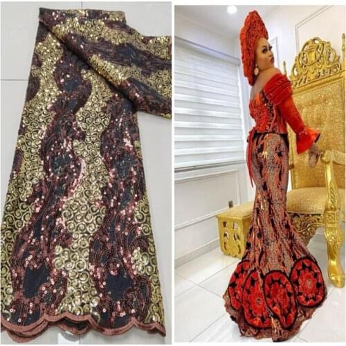 Red/Gold African Sequins Lace Fabrics Luxury Lace French Mesh Tulle Lace Fabric Nigerian Net Lace Fabrics for Wedding Party