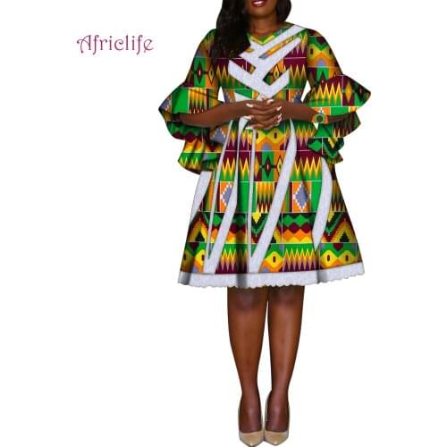 Lace Patchwork African Print Fabric 100% Cotton Fashion Lady Dresses V-Necklace Mid-Sleeve Knee Skirt Clothing for Women WY4702