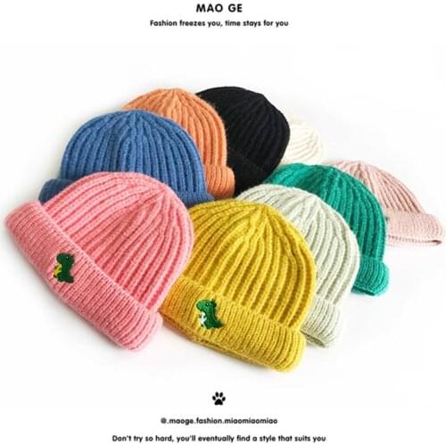 Fashion Kids & Adult Hats Unisex Embroidery Dinosaur Skullies Beanies Hat Winter Warm Knitted Children Hats and Caps Boys Girls