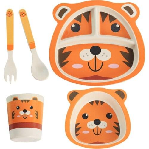 Ideacherry 5Pcs/Set Baby Bamboo Fiber Tableware Set Baby Cartoon Plate Separation Plate Bowl Fork Spoon Cup Set for Feeding Care