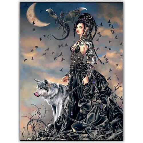 5d Diamond Painting Cross Stitch Kit Dark Woman and Dragon Wolf Picture Art Full Drill Square Round Daimont Painting Accessories