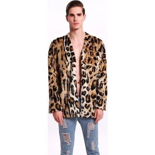 2018 New Mens Autumn Winter Keep Warm Faux Fur Leopard Mink V-neck Long Sleeve Short Jacket Regular Casual Leather trench Coat