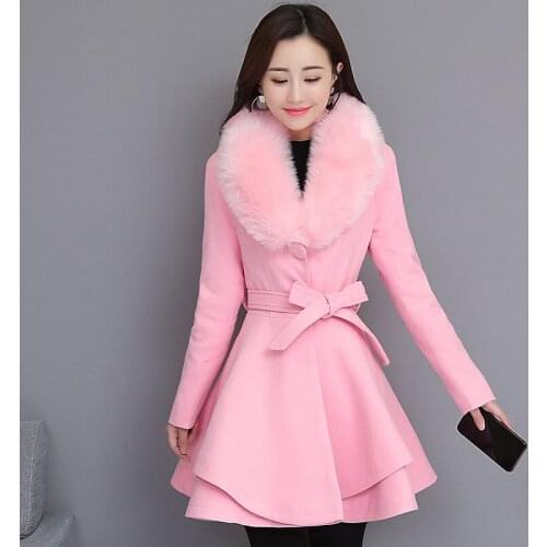 2021 New Autumn Winter Women Woolen Coat Korean Mid-length Slim Large Fur Collar Wool Coat Women Jacket Plus Size Lady Outerwear
