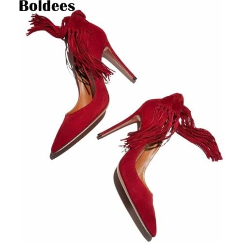 Newest Red Suede Thin High Heel Pumps Pointed Toe Bowtie Women Party Dress shoes Women Bride Fringe High Heels