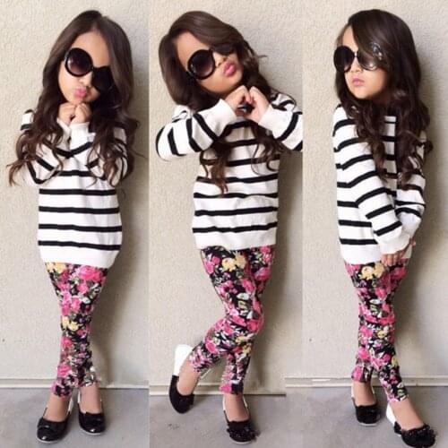 INS New Arrival Girls Fashion Long Sleeve Set Striped Top T-shirt Pants 2-piece Set Floral Casual Style Casual For Girls