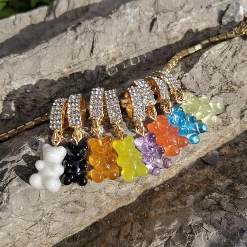Rainbow Colorful Jelly Teddy Bear Charm Rhinestone Chain Necklace Hip Hop Gummy Pendant Crystal Gold Color Necklace Jewelry