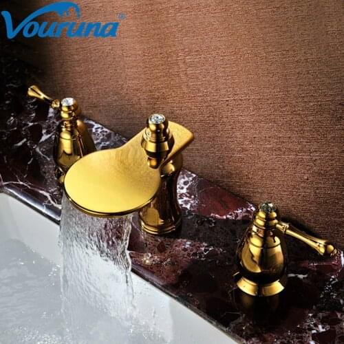 Vouruna Luxurious Golden 8 inch Basin Faucet 3-hole Lavatory Faucet Widespread Bathroom Faucet Solid Brass Construction