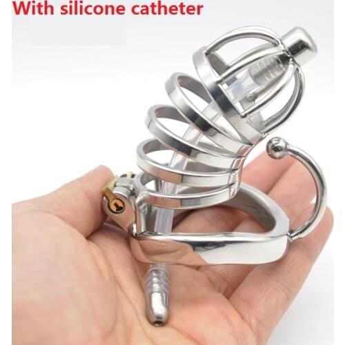 Dormant Lock Design Medium Male Stainless Steel Cock Cage Penis Ring W Silicone Catheter Chastity Device BDSM Sex Toy C276