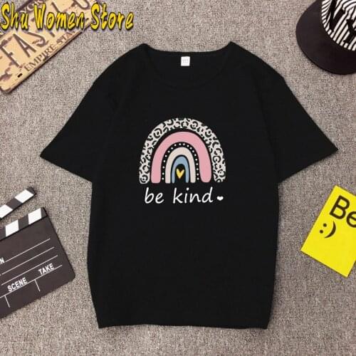 Be kind Rainbow Print Women Tshirt O Neck Short Sleeve Summer Tee Shirt for Women Loose Tops Femme Tee Shirt Ladies Harajuku