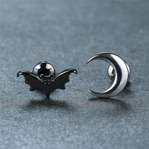 Female Punk Hip Hop Animal Earrings Vintage Black Small Bat Stud Earrings For Women Fashion Antique Silver Color Moon Earrings
