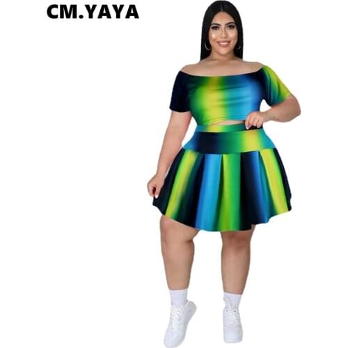 CM.YAYA Women Plus Size Set Print Short Sleeve O-neck Crop Tops Short Pleated Skirts Two 2 Piece Sets Fashion Outfits Summer