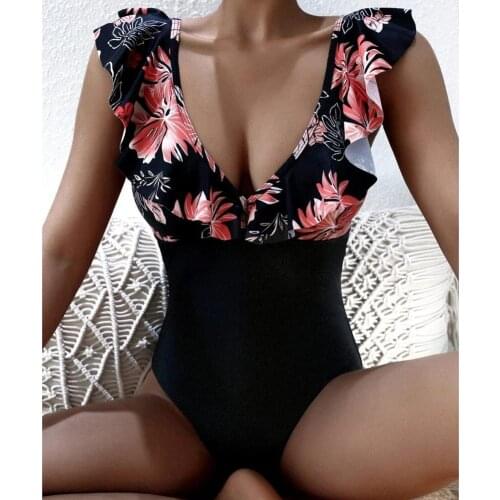 Women Push Up One Piece Quick-drying Ruffle Floral Print Bathing Suit Swimsuit for Swimming Pool