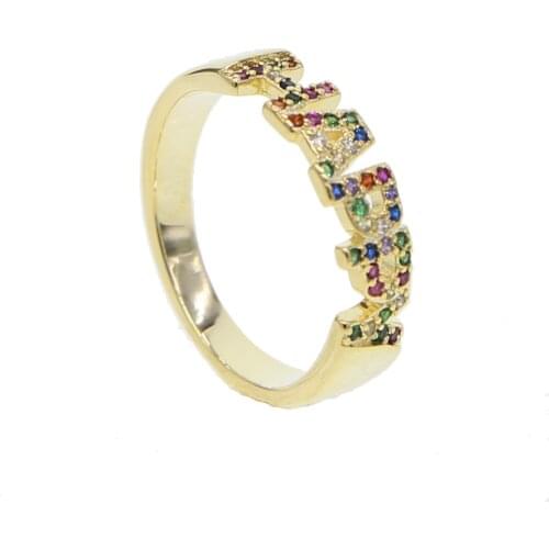 Fashion clear and multi cz Letters gold Color Ring For Women Rhinestone HAPPY Rings Female Engagement Jewelry Party Gift