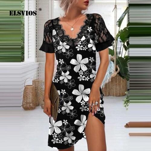 2021 Summer Women New Sexy Lace V Neck Short Sleeves Fashion Casual Printed Dress Elegant Slim Party Ladies Office Short Dresses