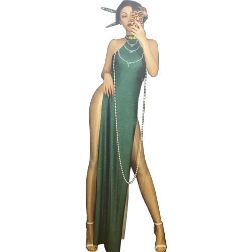 White Pearl Chain Sleeveless Halter Women Cheongsam High Split Print Dresses Evening Prom Outfit Chinese Style Costumes