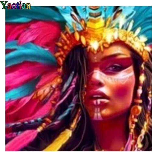 5D Colorful indian woman feathers DIY Diamond Painting Full Square Circular,Diamond Embroidery icons 3d Picture Of rhinestones