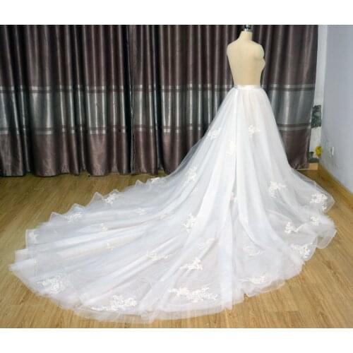 White lace appliqued Bridal Gowns Detachable train Champagne tulle removable Skirt custom size wedding skirt zipper custom size
