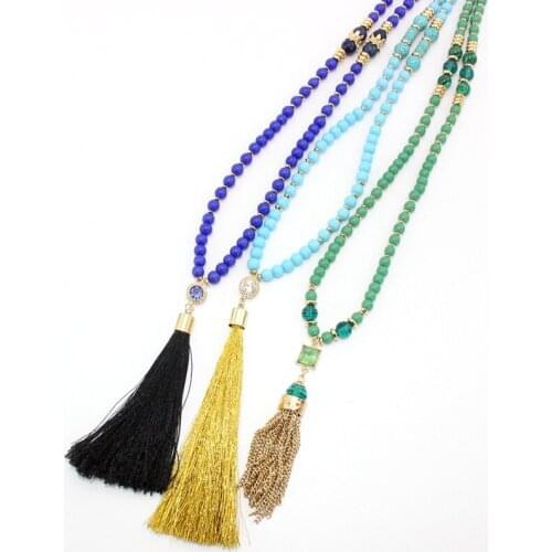 Long Seed Beaded Chain Pendant Necklace Fringed Tassel Charms Handmade for Women Men