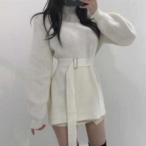 Elegant Tunic Belted Knitted Dress Women Autumn Winter Sweater Dress Fashion Korean Turtleneck Side Split Pullover Dress Vestido