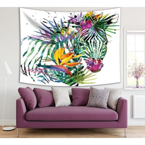 Tapestry Zebra Pattern Tropical Plants Flowers Exotic Nature Watercolor Illustration Green Yellow Pink